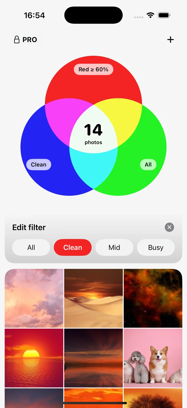 The Filters query builder: three overlapping circles labelled Orange, Clean and Food, with a live match count in the centre.