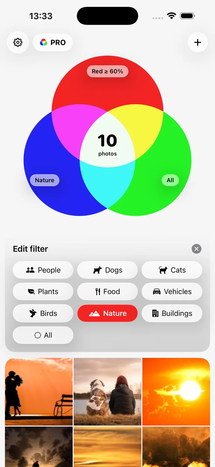 The subject filter in Filters listing People, Dogs, Cats, Plants, Food, Vehicles, Birds, Nature and Buildings, with Nature selected.